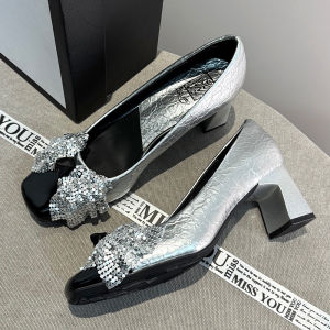 Silver Elegance Butterfly Knot Slip-On Womens Shoes Spring 2025 French Splicing Square Head High Heels Thick Heel Fashion