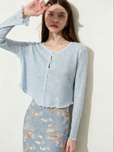 D-PLAY | Áo Cardigan Knit Form Ôm Tay Dài Cổ Tròn Màu Xanh