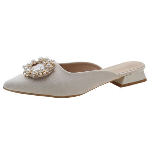 Elegant round Buckle Satin Half Slippers Flat Bottom Diamond Decorated Slip-On Shoes for Women Summer 2024 Comfortable Casual Sandals