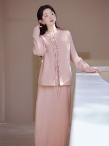 Stunning Younger Style Long Sleeve Pink Qipao Set Traditional Chinese Fashion Daily Wear Retro Style Polyester Fiber Long Dress