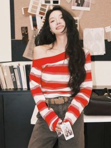 Unique Korean Style Striped Long Sleeve T-Shirt Red And White Diagonal Shoulder Neck Design High Waist Commuter Suitable for Girls