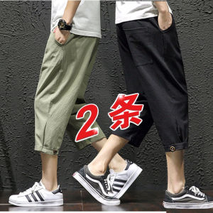 Mens Casual Cotton Linen Shorts Trendy Summer Low Waist Straight Leg Seven-Five-Sixth Length Pants Youth Popular Style