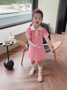 Polo Collar Dress for Kids Girl 5-16yrs Summer Dress Puff Sleeve Princess Dress Short Sleeve Pink Purple New Style Casual Formal Dress Fashion