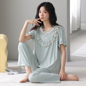 miiow | Cat Woman Summer Thin Short Sleeve Pants Set Sleepwear Sweet French Style Home Clothes For Women Breathable Cotton Blend Elastic Waist Casual Scene