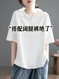 Pure Cotton White Short Sleeve Polo Neck T-Shirt Women Summer Loose Slimming Base Shirt Youthful Casual Style Breathable