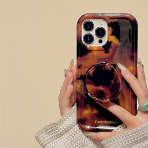 CrashStar Tortoiseshell Amber Brown Glossy Hard Shockproof Phone Case With Holder Stand For iPhone 16 15 14 Pro Max 13 12 Pro Max 11 Retro Phone Casing Fashion Cover Shell