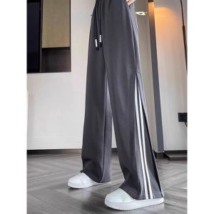 150.00kg Plus Size Chubby Girl Black Stripes Sports Pants Female Spring & Fall Wide-Leg Pants Loose Slim Looking Draped Casual Pants