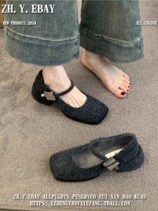 Korean Style Furry Slip-On Womens Shoes Square Head Mary Janes High Heels Fashionable Autumn Winter Leather Shoes for Young Women