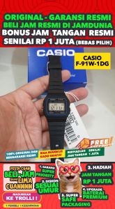 CASIO ORIGINAL - CASIO F-91W-1DG - Casio Digital - New - MEN - Hitam - Strap Resin Band - Jam dunia JD18ST # Jam Tangan Pria Cowok Anti Air Digital Analog + CASIO F 91W 1 F-91W 91 W F91 F-91 F91W $ WR0 STR SD7 HT7
