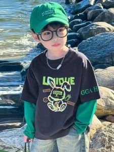 Labbubu Boys Long Sleeve T-Shirt Fake Two-Piece Base Shirt Autumn Wear for Middle And Large Children Casual Straight Cut
