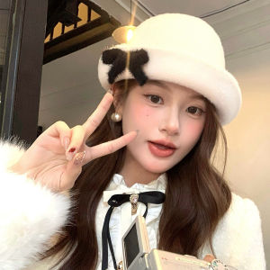 Korean Style Gold Style Bow Fisherman Hat Womens Autumn and Winter Retro Warm Suitable for Square and round Face Big Head Circumference Bucket Hat