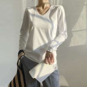 Mercerized Cotton V-neck Long-Sleeved Womens T-shirt Autumn Inner Cotton Loose Limited-Time Chicken Collar Bottoming Shirt Outerwear Top