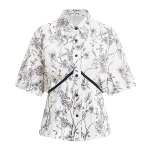 Unique Hollow-out Printed Linen Womens Blouse