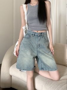 High-Waist Straight-Leg Denim Shorts for Women Light Blue Mid-Length Five-Point Pants Retro Plus Size Jeans Summer Clothing