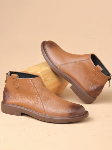 Mens Chelsea Boots Winter Fleece Lined Cotton Leather High Top Zipper Short Boots Casual round Toe Low Heel Wear Resistant