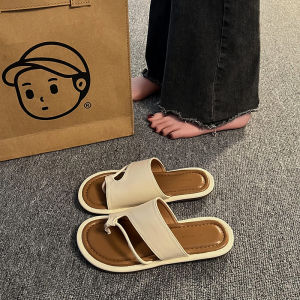 IELGY รองเท้าแตะก้างปลาสีกากีสไตล์ฝรั่งเศสรองเท้าแตะใหม่รองเท้าส้นเตี้ยเท้าหยิกรองเท้าแตะเย็น