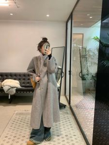 Iceollo Grey Woolen Double-Faced Coat Womens Autumn Winter High-End Feeling Rabbit Fur And Silk Blend Long Sleeve Mid-Length