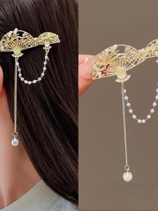 Blue Light Fan Fairy Chinese Ancient Style Tassel Duckbill Clip New Chinese Style Retro Side Barrettes Broken Hairpin Headdress for Women