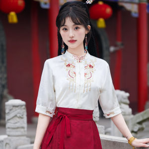 New Chinese Style Embroidered Shirt with Horse-Face Skirt Shirt Summer National Style Womens Clothing Half-Sleeved Stand-up Collar Placket White Tops