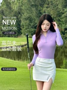 Womens Golf Tennis Ice Silk Long Sleeve Slimming Golf Dress Sport Skirt Set Quick Dry Half-length Skirt Fitness Outfit