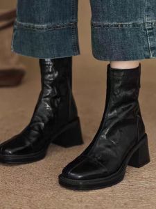 Comfortable Leather Square Head Back Zipper Martin Boots Womens 2024 New Retro Commute Slim Short Boots High Heel