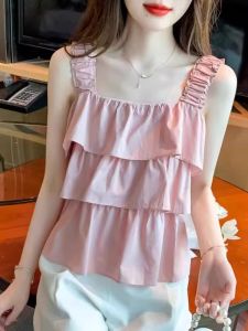 French Sweet Lace Trim Halter Vest Womens Summer Unique Design Sensation Outerwear Belly Cover Slim Sleeveless Top