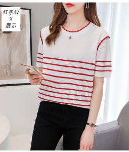 LUCKIN STORE Top for Women 2025 Summer New Blouse Womens Short Sleeve T-shirt Stripe Knitwear Thin T-Shirt Casual Top Plus Size
