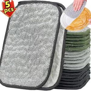 5Pcs Kitchen Specific Double-Layer Thick Dishwashing Towel Strong Stain Remover Double-Sided Dishwasher Towel