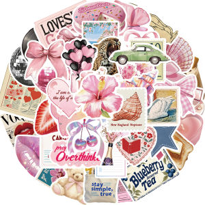 50PCS Pink Vintage Stickers for Girls Kawaii Pink Aesthetic Sticker for Scrapbook Journal Laptop Waterproof Vinyl Decals