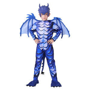 The Frost Blue Dragon Knight Jumpsuit for Kids Halloween Carnival Theme Party Costume with Wing Tail Mask
