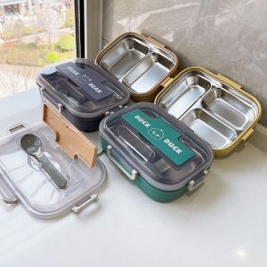 Three-Compartment Stainless Steel Lunch Box with Utensils Bento Box Heating Insulation Student Lunch Box Japanese Style
