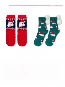 JINGCHI | Red Coral Fleece Mid-Calf Socks Womens Autumn Winter Warm Creative Decoration Lucky Year Gift Cartoon Sweet Style Thickened Polyester