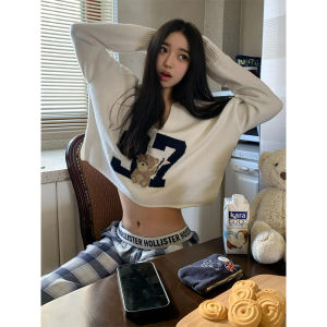 Áo Len Dệt Kim Cổ Chữ V Phong Cách Mỹ Cổ Điển Dành Cho Nữ Đầu Thu Họa Tiết Số Áo Len Cardigan Mềm Mại Dáng Rộng Ngắn Phong Cách Lười Biếng