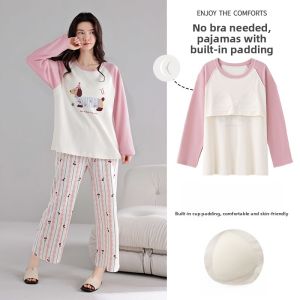 MiiOW | Womens Summer Thin Home Clothes Set Air Conditioned Room Outdoor Wearable Cat Person Sleepwear Long Sleeve Round Neck Cotton