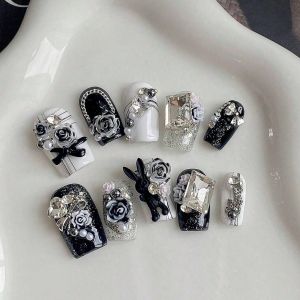 10 Móng Tay Giả Ngắn Hình Vuông Họa Tiết Hoa Đậm Làm Thủ Công Bền Chắc Dành Cho Nữ Trang Trí Móng Đẹp Cho Tiệc Tùng