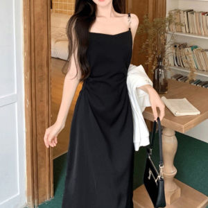 Spring 2025 French Style Black Strapless Slimming Long Dress Womens High Waist Poly Fiber No Sleeve Basic Style One Piece