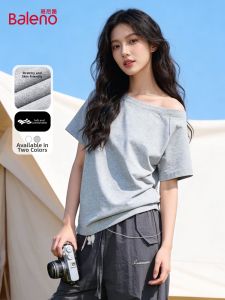 BALENO | Gray Design Sense Asymmetrical Short Sleeve T-Shirt Women Loose Off Shoulder