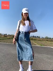 Chân váy jean dài xẻ tà CHERRY cạp cao phong cách Hàn Quốc Chân váy bò dáng dài qua gối eo cao xẻ tà trước T085
