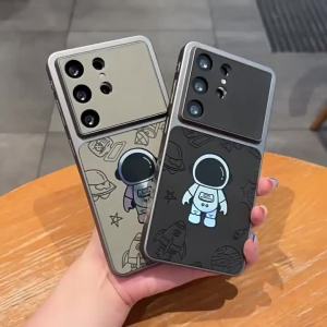 Luxury Cartoon Astronaut Pattern Laser Leather Texture Phone Case for Samsung Galaxy S24 S23 S25 S26 Ultra Plus Shockproof Cover