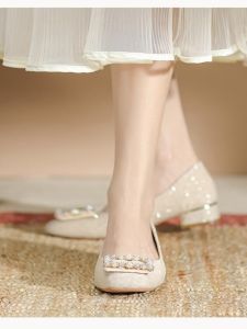 Low Heel Womens Shoes Size 32 Summer Champagne Color Traditional Chinese Cheongsam Single Shoes Fairy Style Pearl Embellished