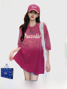 NASA Tie-Dye Gradient American Short Sleeve T-Shirt Womens Summer Stylish Niche Style Idle Style Retro Loose Tops Tide