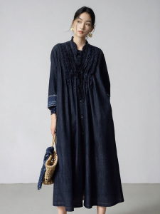 Lace Pleated Denim Jacket Long Coats