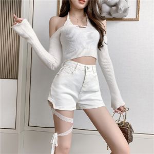 สูง เอว เดนิม กางเกงขาสั้น ผู้หญิง ฤดูร้อน Thin Hot กางเกง สีขาว ทรงเอ สั้นสูง เอว พรางหุ่น กางเกงยีนส์ ดีไซน์ ผูก เอว วงดนตรี