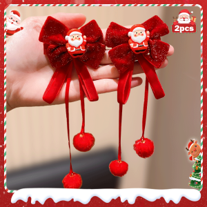 2 pcs Christmas Red Bowtie Hairpins Festive Furry Tassel Santa Elements Hair Accessories for Girls Holiday Daily Styling Parties