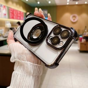 HOCE 360°Rotating Bracket Phone Case For iPhone 14 11 12 13 15 Pro Max Magnetic Cases Plating Clear Shockproof Cover With Lens Film Protection