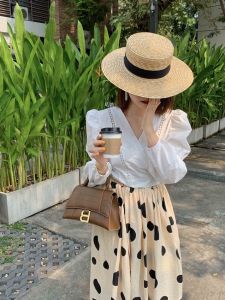 Elegant White Shirt with Hollow out Design And Bubble Sleeves Trendy Crossed Belt French Style Slim Fit Womens Premium Shirt