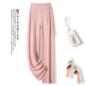 New Chinese Style High Waist Wide Leg Pants Womens Pink Summer High Fashion Straight Cut Suit Pants Soft Comfortable Polyester Fiber