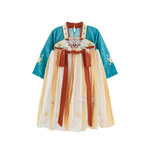 Youyou Girls Embroidered Satin Dress with Patchwork Sleeves Spring Autumn Cute Hidden Pattern Cotton Blend Childrens Clothing