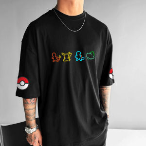 Bandai | 2026 Summer New Pokemon Cotton T Shirt Four Characters Outline Print Sleeve Pokeball Design Men Women Casual Fashion