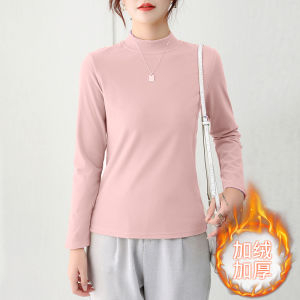 เสื้อยืดผู้หญิงหนาปะการังสองด้านสีน้ำตาล ทรงหลวม คอกลม แขนยาว ระบายอากาศได้ดี เสื้อชั้นในอุ่นในฤดูหนาว